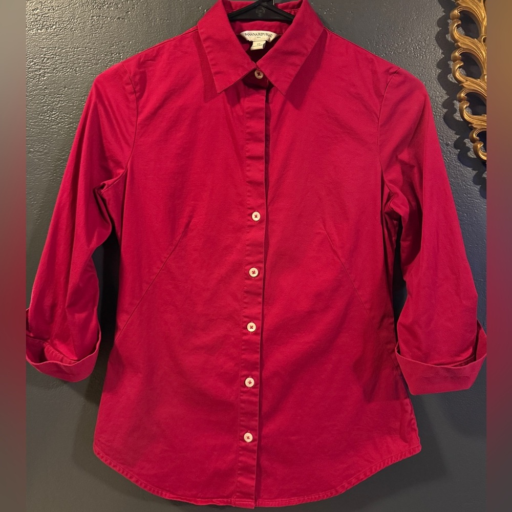 81 - BR Fuchsia Button Up 3/4 Sleeve Cotton Top
